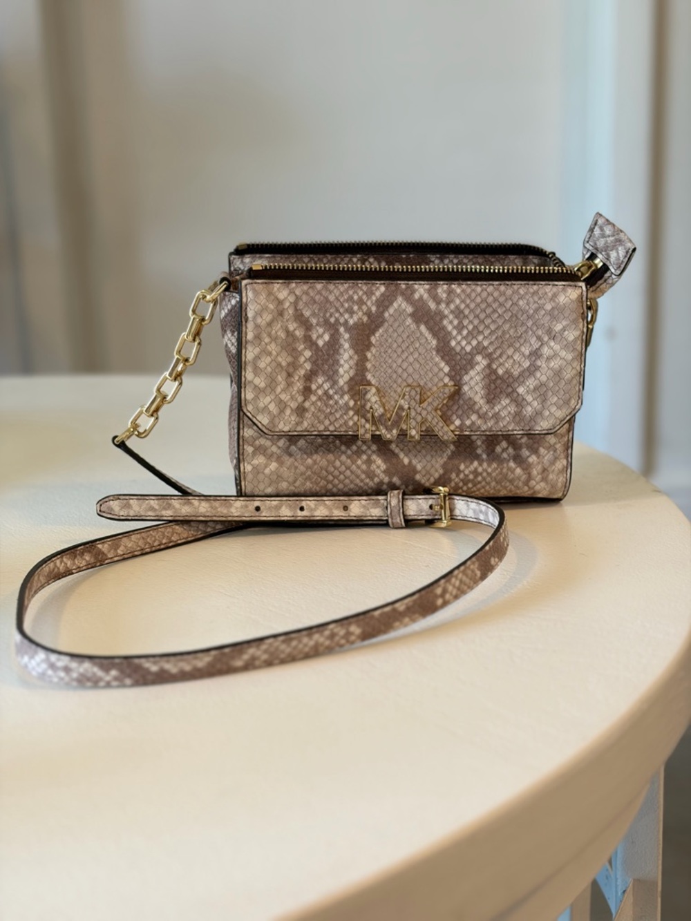 Michael Kors Snake-Effect Beige and Taupe Crossbody Bag